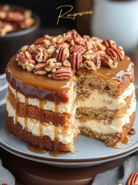 banana pecan caramel layer cake recipe pin