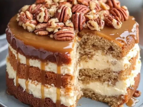 banana pecan caramel layer cake recipe pin