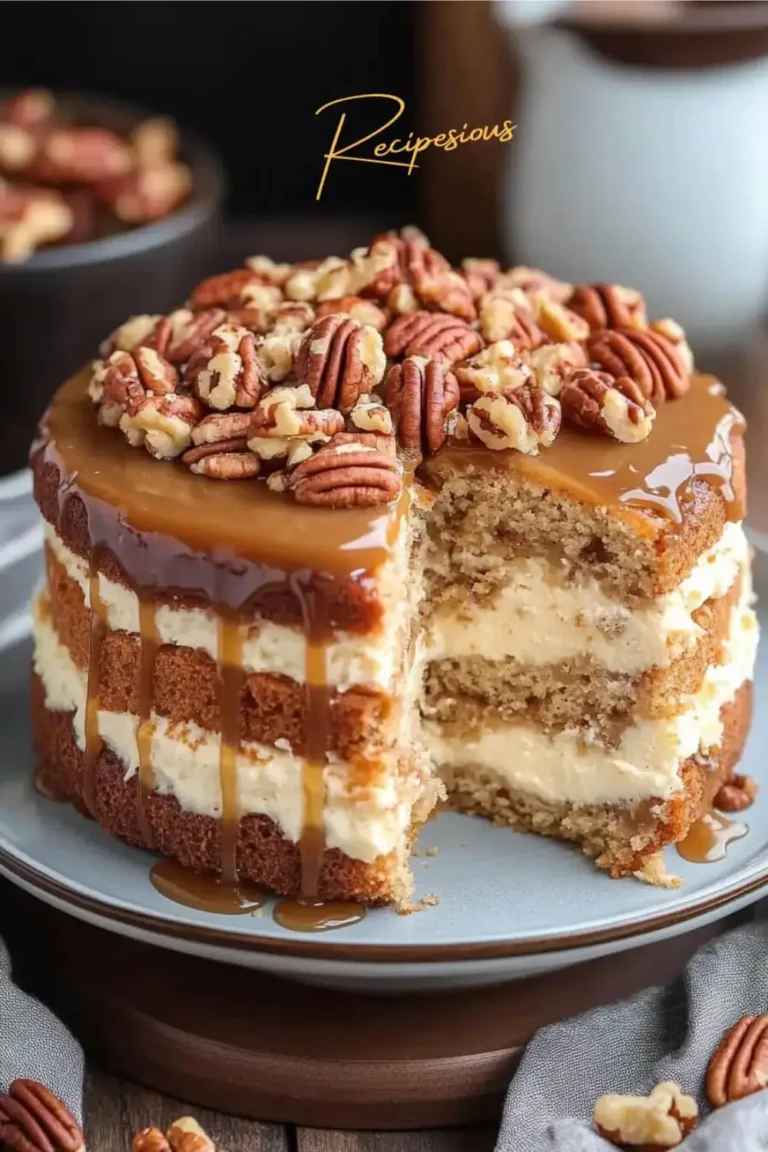 banana pecan caramel layer cake recipe pin